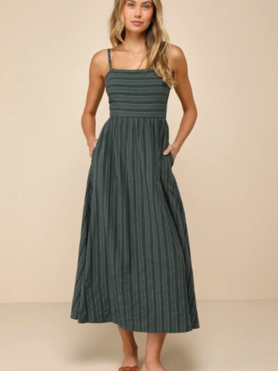 Lulus Dresses & Skirts - Lulus Feeling the Best Green Striped Tie-Back Midi Dress with Pockets XL
